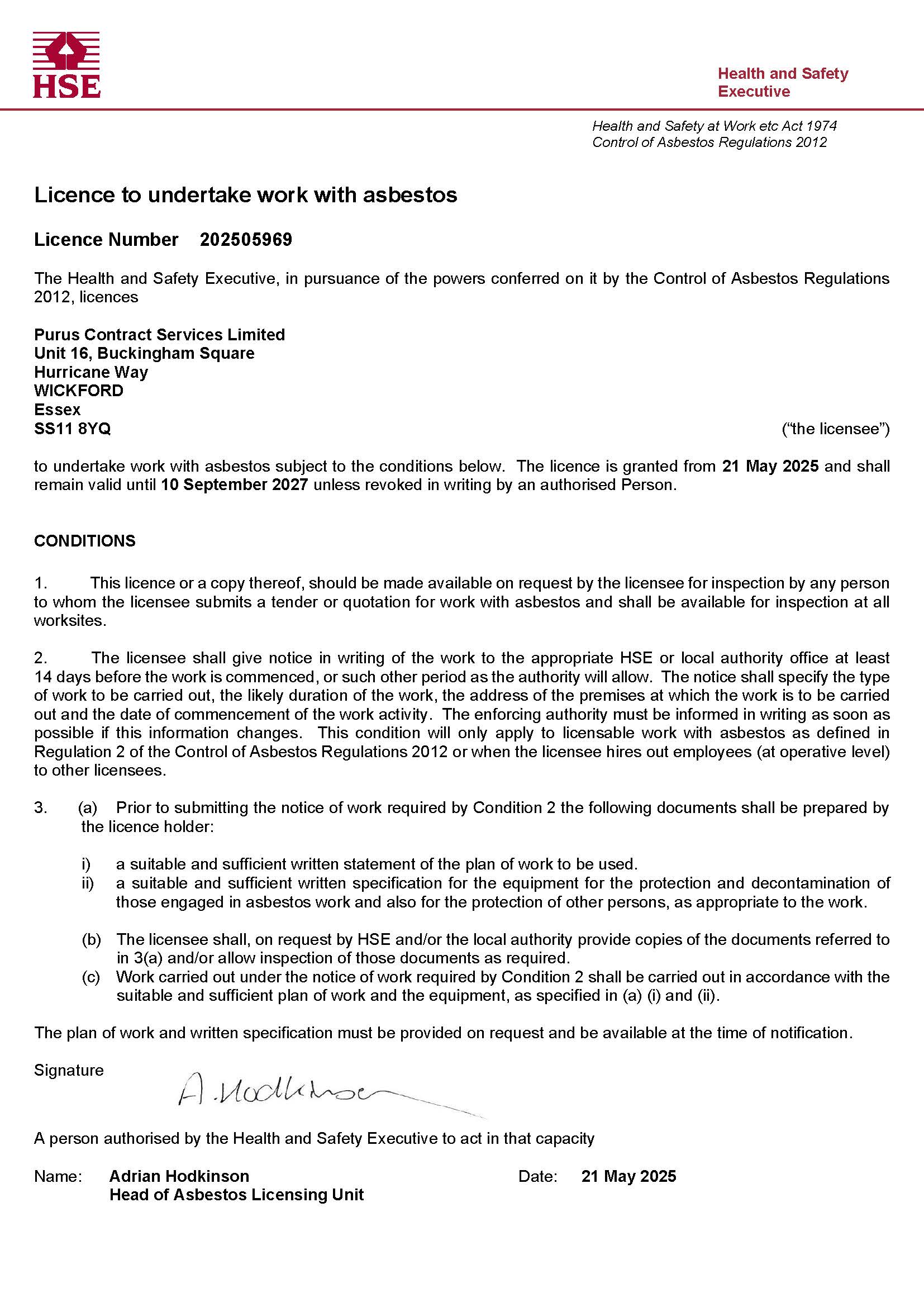 Amended Asbestos Licence 2025 Purus Change Of Address
